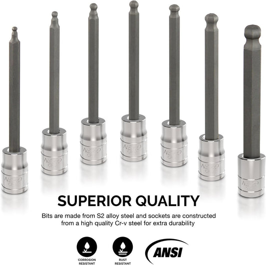 10243A 3/8-Inch-Drive Extra-Long Ball-End Hex-Bit Socket Set, Metric Sockets 3/8" or 3 to 10 Mm, S2 Steel, 7-Piece Set